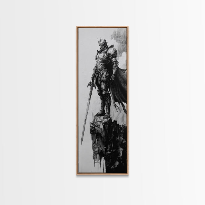 Skeletal Knight On Crumbling Cliff With Long Sword, Black And White Wall Art, Gothic Fantasy Canvas Print, Dark Medieval Decor