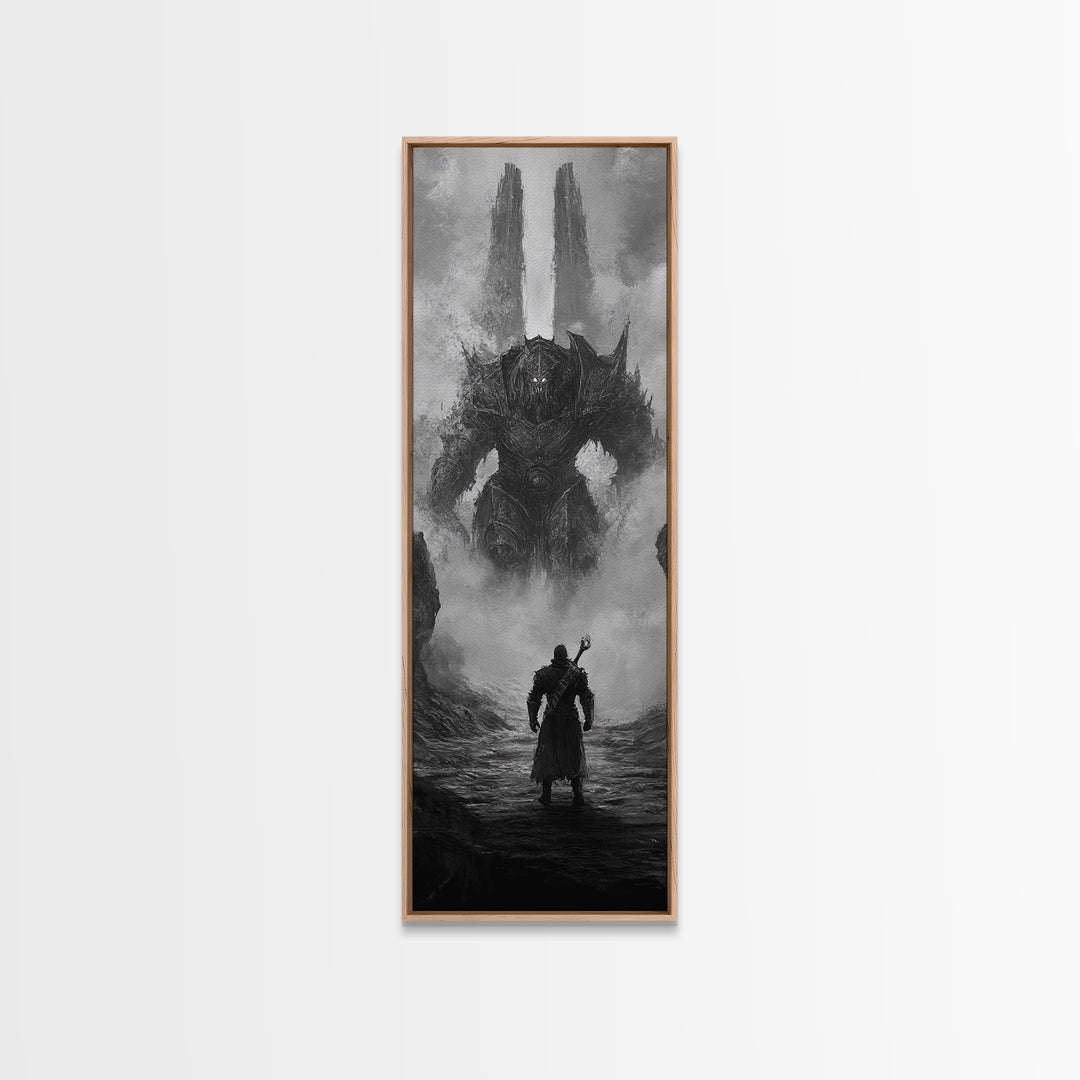 Warrior Facing Misty Armored Colossus, Dark Fantasy Wall Art, Black And White Framed Canvas Print, Epic Game Room Decor Gift