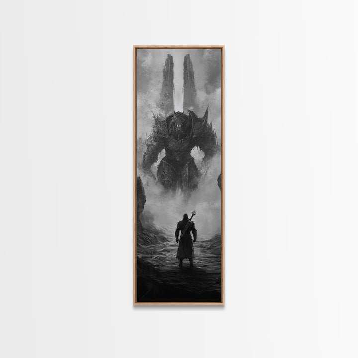 Warrior Facing Misty Armored Colossus, Dark Fantasy Wall Art, Black And White Framed Canvas Print, Epic Game Room Decor Gift