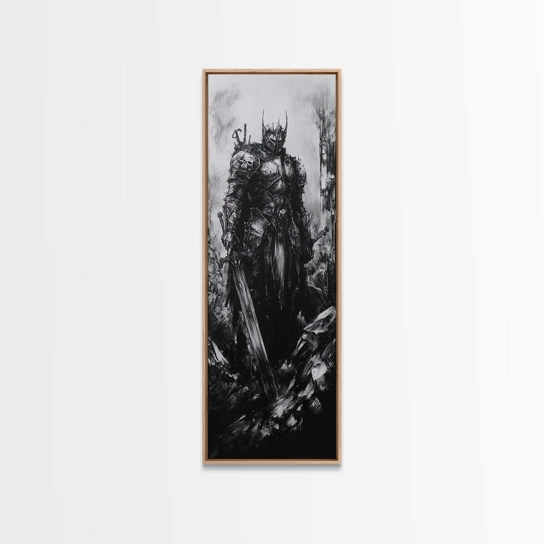 Crowned Dark Knight With Massive Sword In Ruins, Gothic Fantasy Canvas Print, Black And White Wall Art, Dark Academia Decor