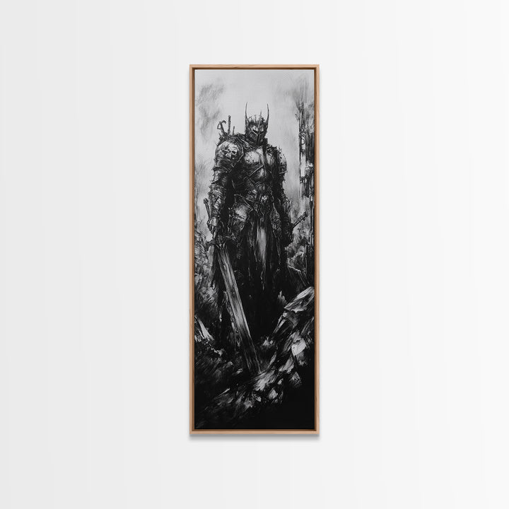 Crowned Dark Knight With Massive Sword In Ruins, Gothic Fantasy Canvas Print, Black And White Wall Art, Dark Academia Decor