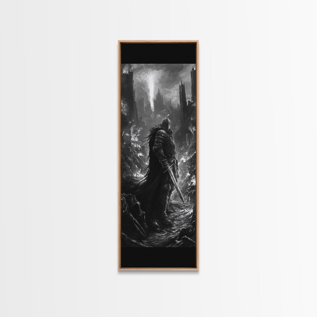 Dark Armored Knight In Ruined Gothic Valley Wall Art, Black And White Fantasy Art, Dark Academia Decor, Gothic Wall Decor