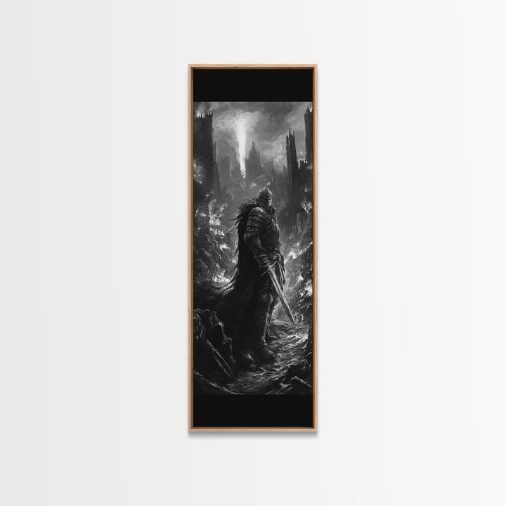 Dark Armored Knight In Ruined Gothic Valley Wall Art, Black And White Fantasy Art, Dark Academia Decor, Gothic Wall Decor