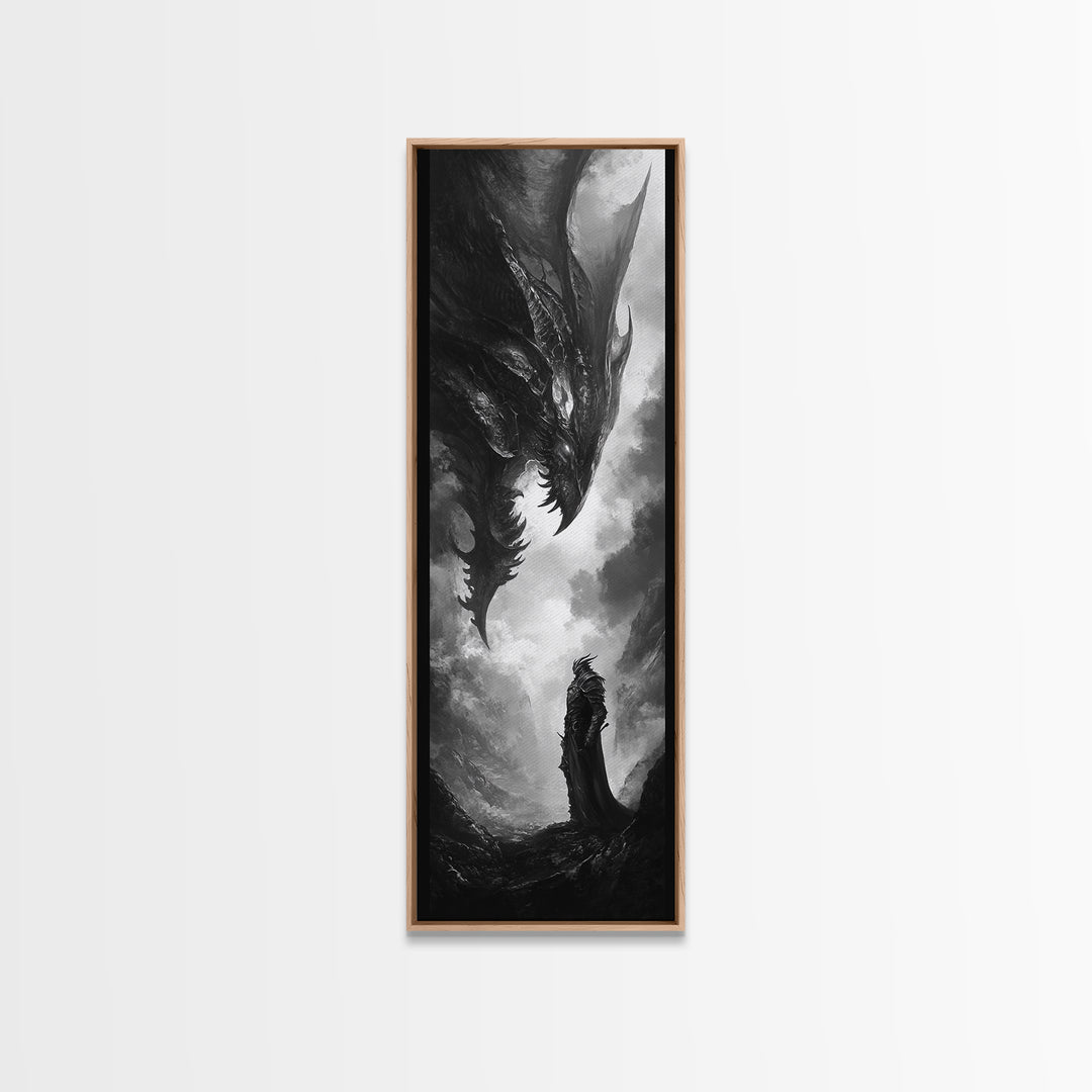 Monochrome Dragon And Lone Knight Wall Art, Dark Fantasy Art Print, Gothic Wall Decor, Black And White Art, Gamer Room Decor