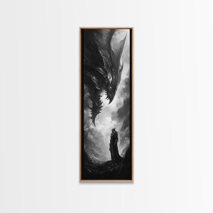 Monochrome Dragon And Lone Knight Wall Art, Dark Fantasy Art Print, Gothic Wall Decor, Black And White Art, Gamer Room Decor