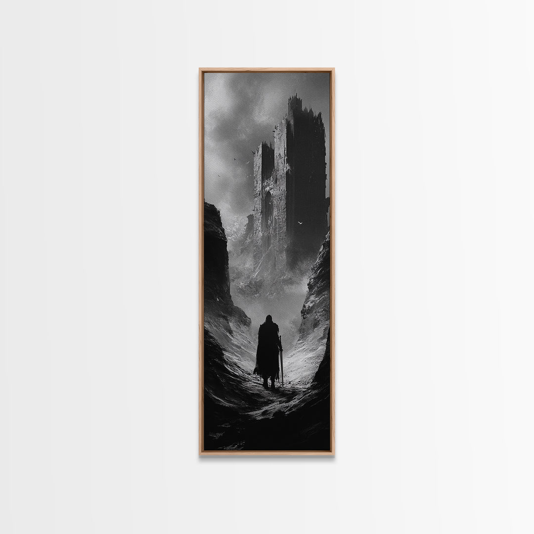 Misty Black Castle Valley With Lone Traveler Wall Art, Dark Academia Decor, Gothic Landscape, Black And White Fantasy Print