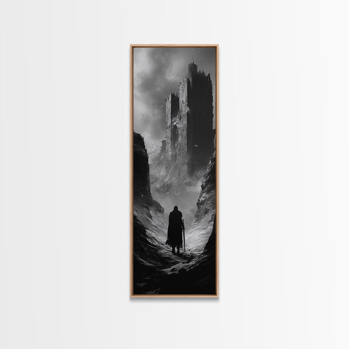 Misty Black Castle Valley With Lone Traveler Wall Art, Dark Academia Decor, Gothic Landscape, Black And White Fantasy Print