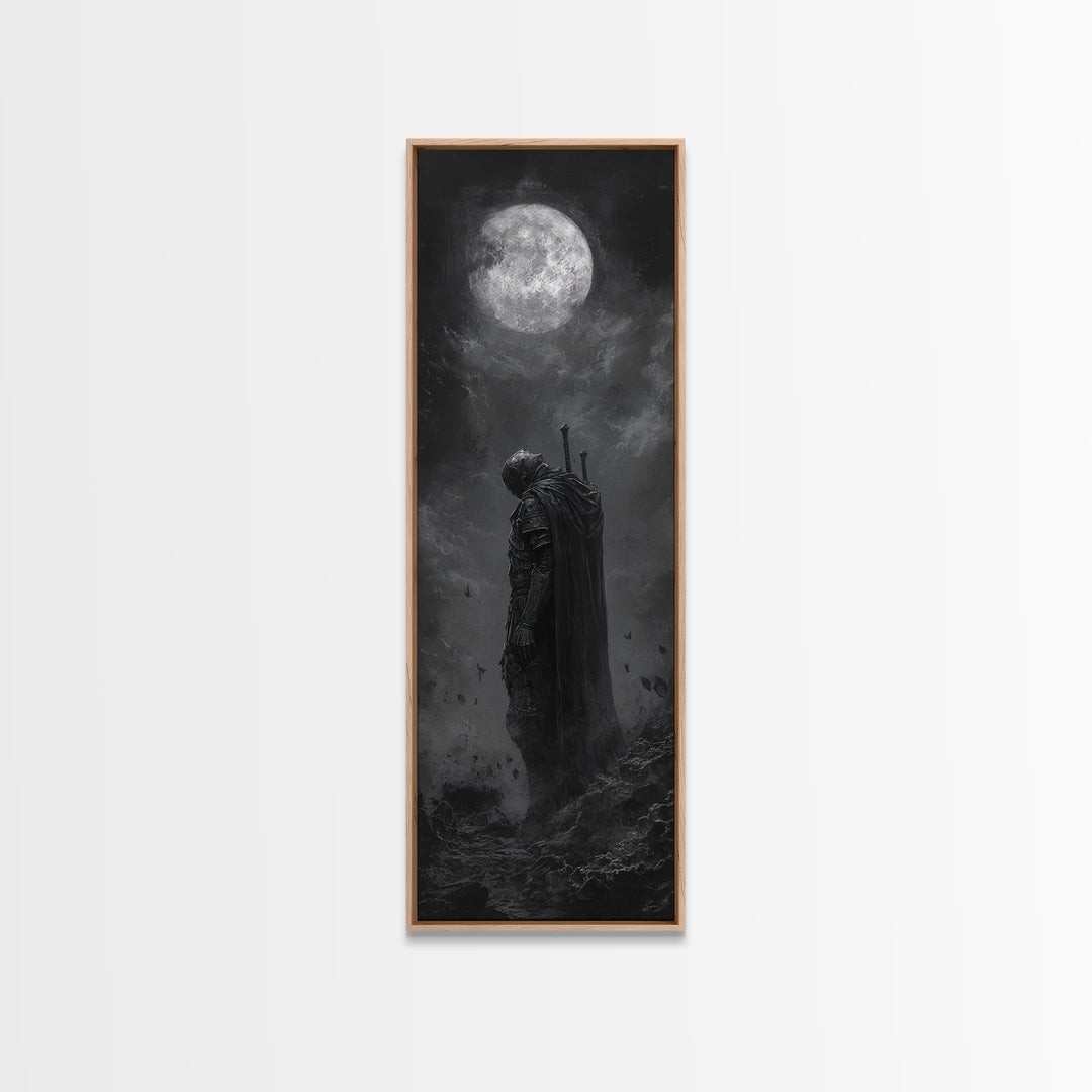 Lone Knight Beneath Full Moon Wall Art, Black And White Fantasy Art, Dark Gothic Decor, Moody Wall Art For Bedroom Canvas Print
