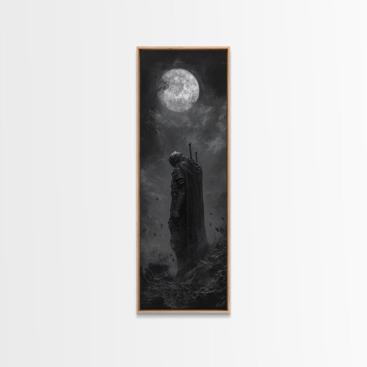 Lone Knight Beneath Full Moon Wall Art, Black And White Fantasy Art, Dark Gothic Decor, Moody Wall Art For Bedroom Canvas Print