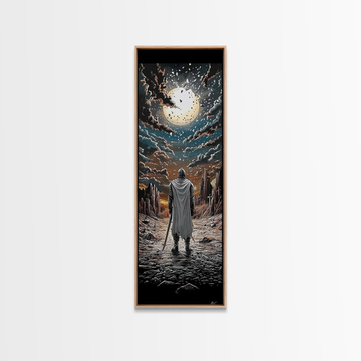 White Cloaked Knight Under Eclipse Moon Canvas Print, Fantasy Wall Art, Dark Landscape Decor, Gamer Room Wall Art Gift For Him