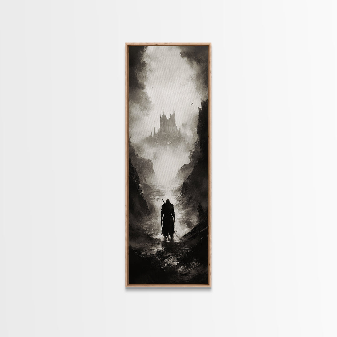 Cloaked Wanderer Approaching Misty Castle Wall Art, Dark Fantasy Print, Gothic Wall Decor, Black And White Landscape Art