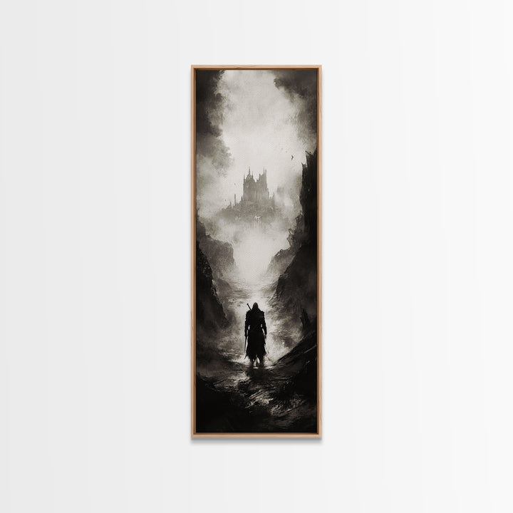 Cloaked Wanderer Approaching Misty Castle Wall Art, Dark Fantasy Print, Gothic Wall Decor, Black And White Landscape Art