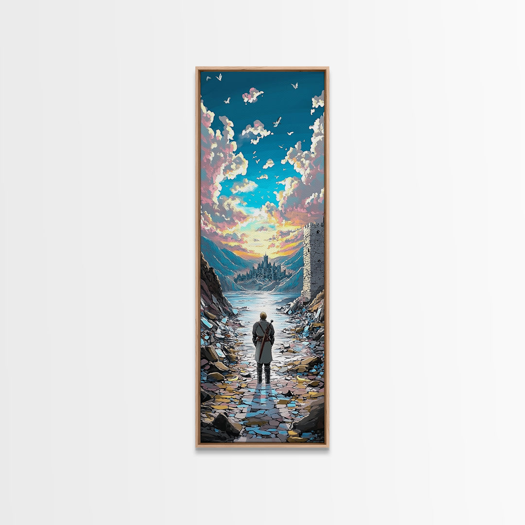 Lone Traveler In Snowy Mountain Valley, Birds And Sunset Fantasy Wall Art, Vertical Canvas Print, Nature Landscape Decor