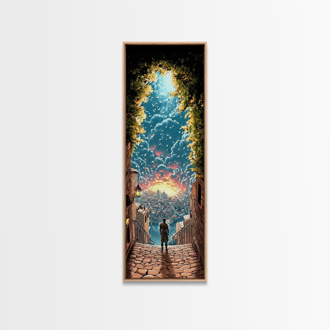 Cobblestone Stairway To Glowing Coastal City, Birds And Sunset Canvas Print, Fantasy Wall Art, Travel Inspired Home Decor