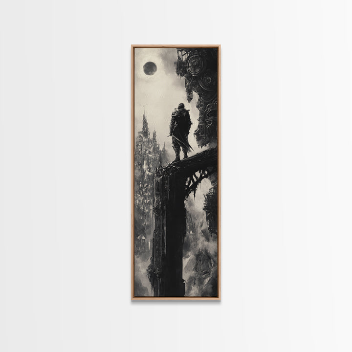 Moonlit Gothic Warrior On Shadow Bridge, Black And White Wall Art, Dark Fantasy Canvas Print, Moody Castle Office Wall Decor