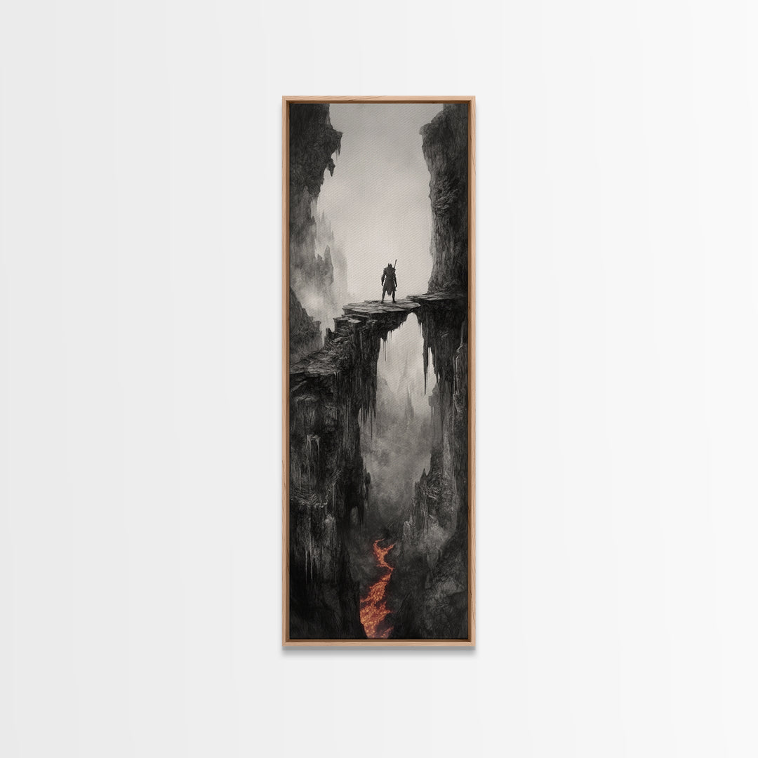 Warrior Above Lava Chasm In Dark Canyon, Black And White Wall Art, Gothic Fantasy Canvas Print, Moody Landscape Home Decor