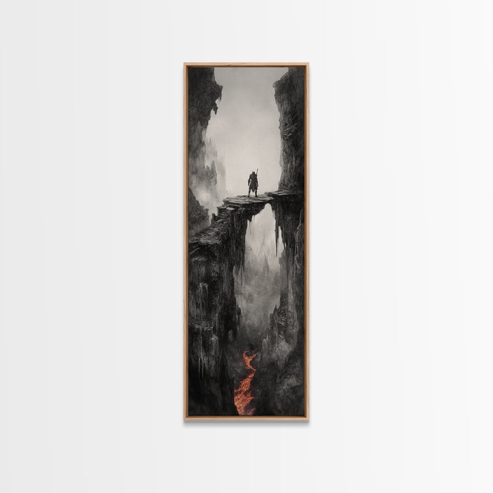Warrior Above Lava Chasm In Dark Canyon, Black And White Wall Art, Gothic Fantasy Canvas Print, Moody Landscape Home Decor