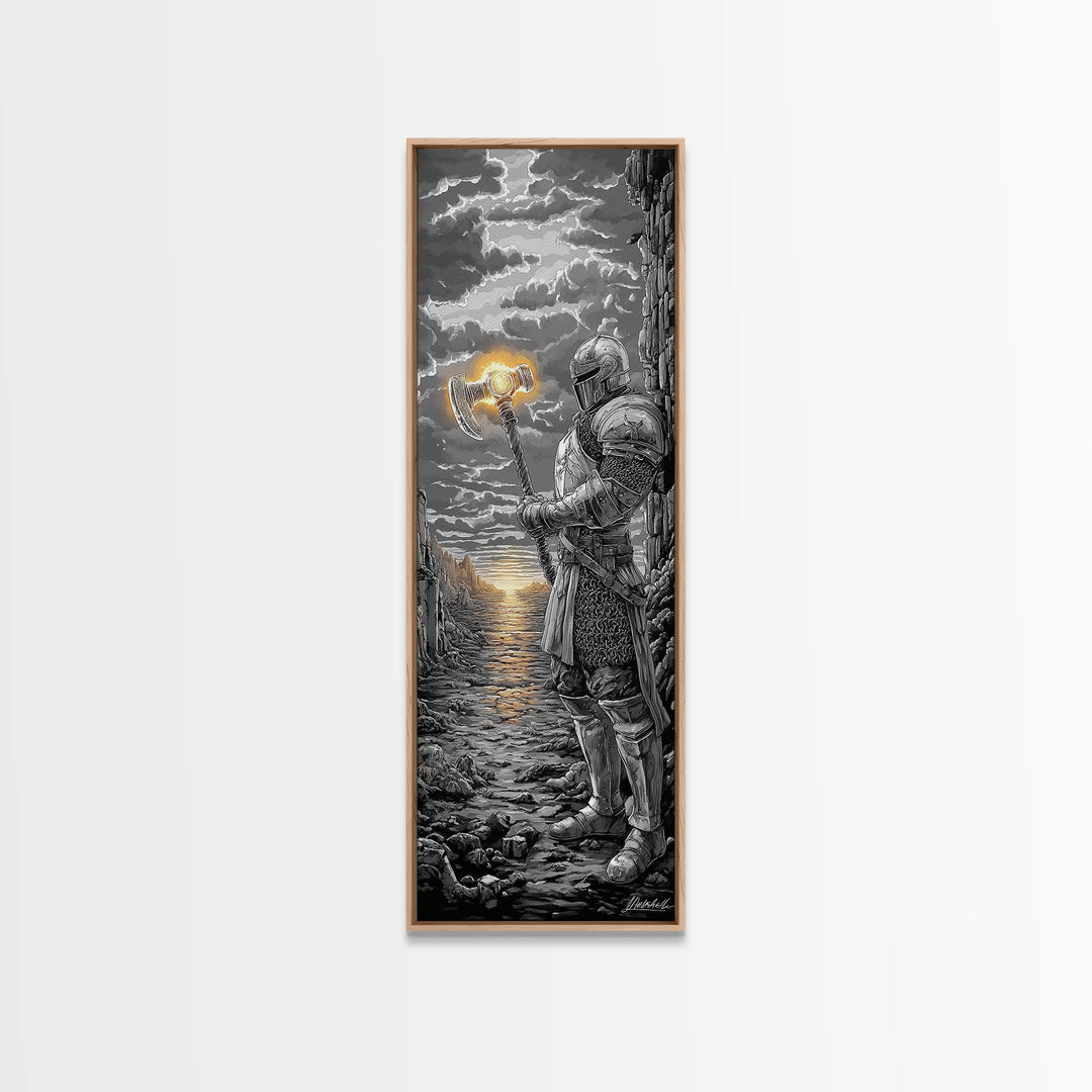 Armored Knight With Glowing Axe On Stormy Shore, Black And White Wall Art, Medieval Fantasy Canvas Print, Masculine Decor