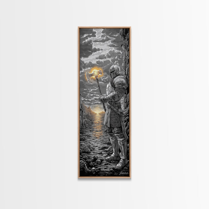 Armored Knight With Glowing Axe On Stormy Shore, Black And White Wall Art, Medieval Fantasy Canvas Print, Masculine Decor