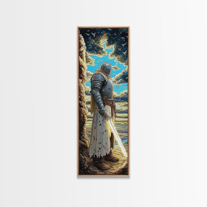 Silver Knight With Glowing Sword By Sea Cliffs, Fantasy Canvas Print, Medieval Wall Art, Dramatic Coastal Home Office Decor