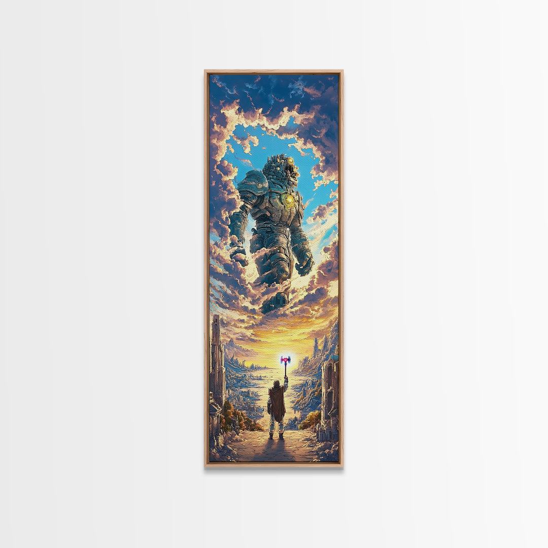 Floating Stone Giant Guardian At Sunset, Fantasy Wall Art, Large Canvas Wall Art, Epic Landscape Print, Gaming Room Decor Gift