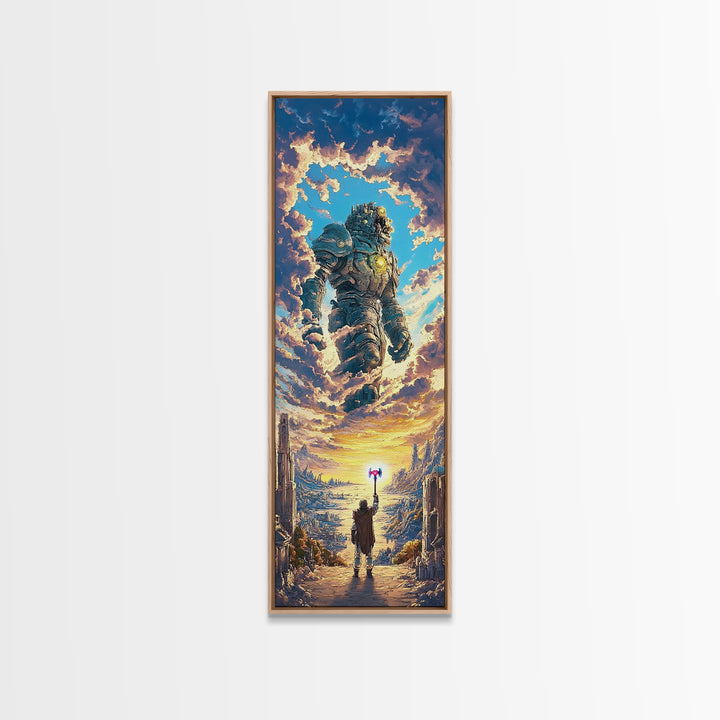 Floating Stone Giant Guardian At Sunset, Fantasy Wall Art, Large Canvas Wall Art, Epic Landscape Print, Gaming Room Decor Gift