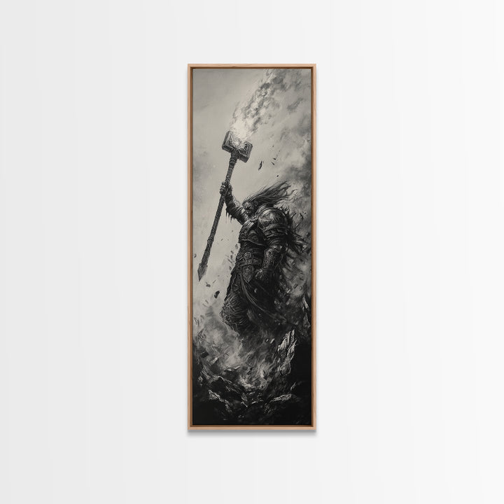 Dark Hammer Warrior In Storm, Black And White Wall Art, Gothic Fantasy Art Print, Medieval Office Decor, Gift For Him, Dark Academia Decor