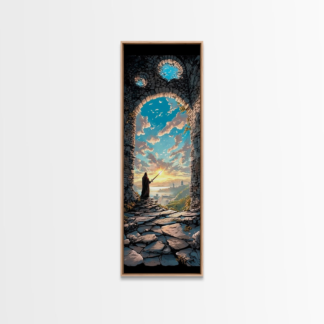 Cloaked Wizard In Ruined Archway At Sunset, Fantasy Wall Art, Medieval Landscape Print, Whimsical Office Decor Gift, Living Room Decor