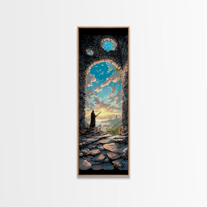 Cloaked Wizard In Ruined Archway At Sunset, Fantasy Wall Art, Medieval Landscape Print, Whimsical Office Decor Gift, Living Room Decor