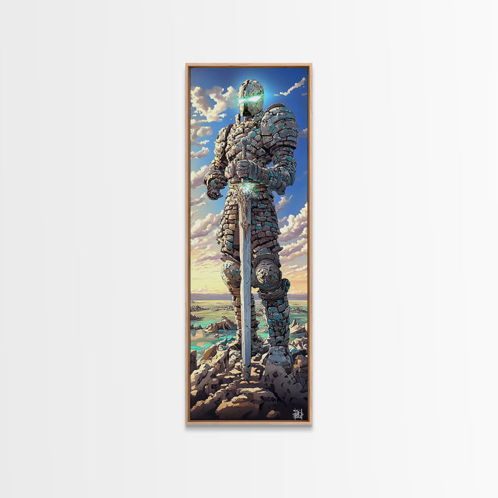 Stone Knight Guardian Holding Sword Above Ocean, Fantasy Canvas Print, Coastal Wall Art, Medieval Landscape Decor, Gift For Him