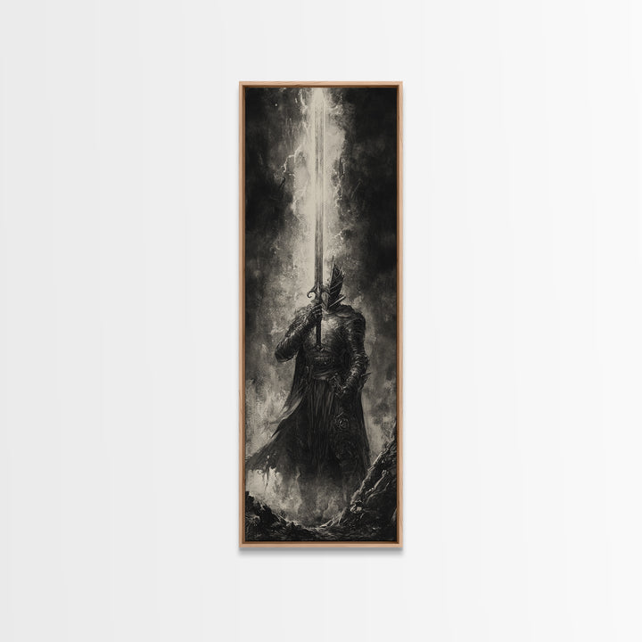 Black And White Knight With Glowing Sword, Dark Fantasy Wall Art, Gothic Canvas Print, Medieval Decor, Masculine Office Art Gift