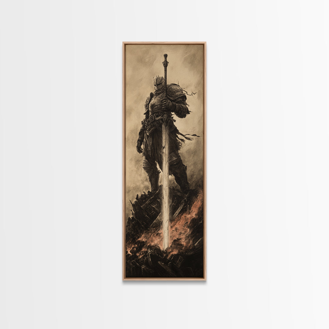 Sepia Knight Standing With Greatsword In Fire, Dark Fantasy Canvas Print, Medieval Wall Art, Gothic Office Decor Gift For Him