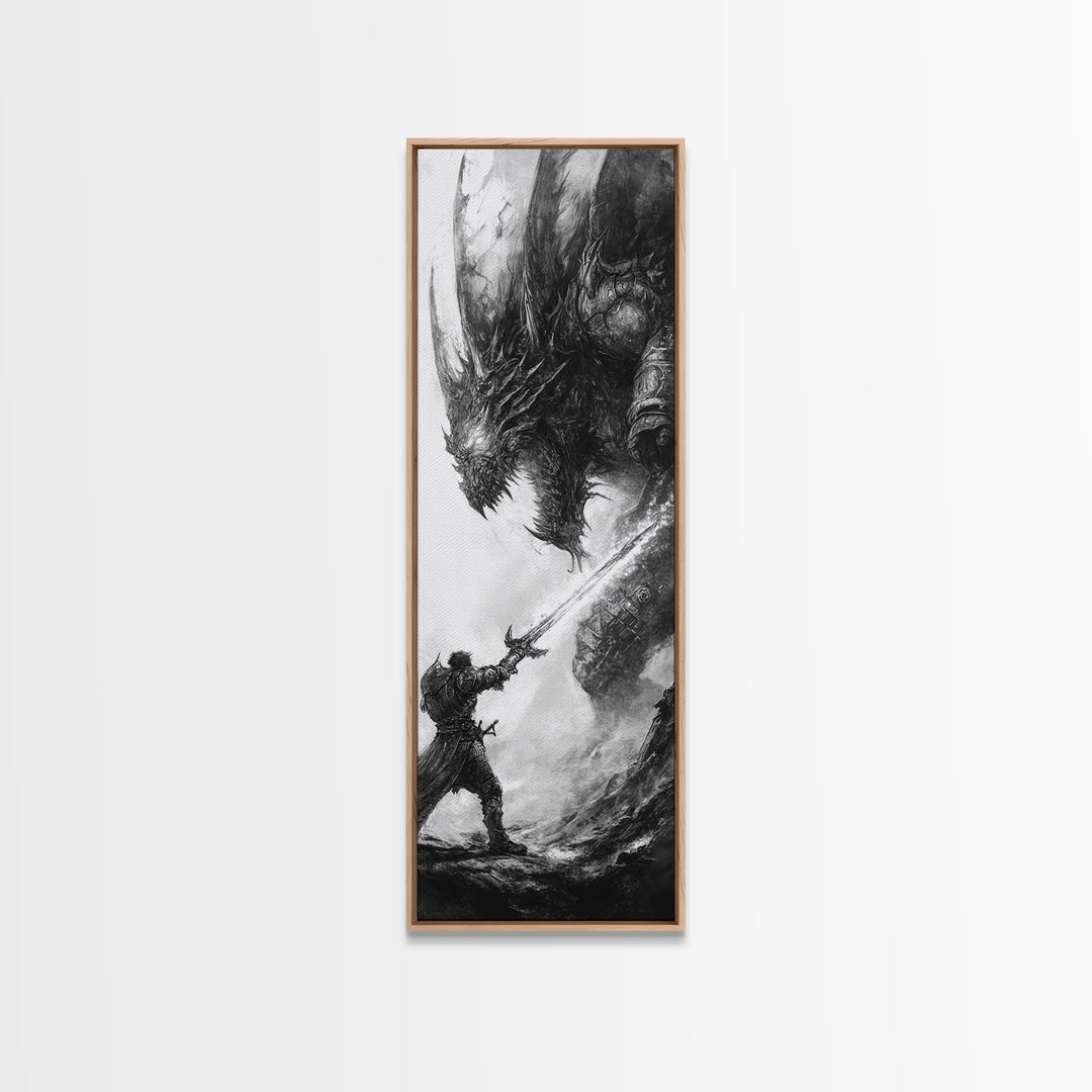 Warrior Facing Massive Dragon In Black And White, Dark Fantasy Wall Art, Gothic Canvas Print, Epic Monster Decor Gift For Him