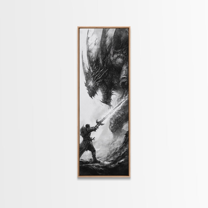 Warrior Facing Massive Dragon In Black And White, Dark Fantasy Wall Art, Gothic Canvas Print, Epic Monster Decor Gift For Him