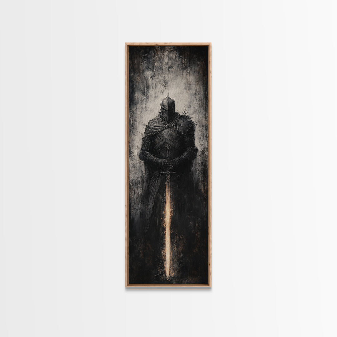 Dark Armored Knight With Glowing Sword Wall Art, Gothic Fantasy Canvas Print, Medieval Warrior Decor For Man Cave Office Decor