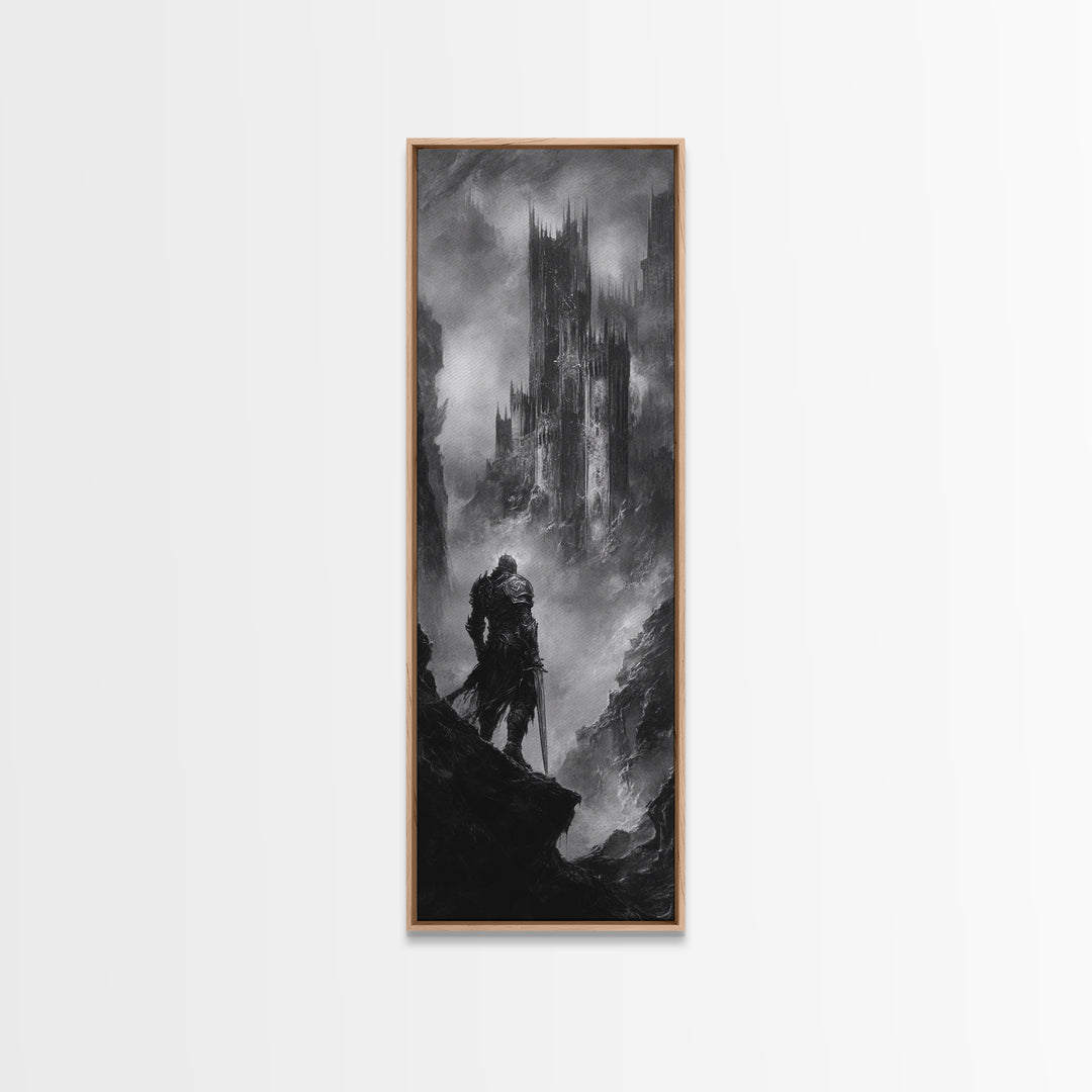 Lone Warrior Before Dark Gothic Castle Wall Art, Black And White Fantasy Landscape Print, Medieval Dungeon Decor For Office