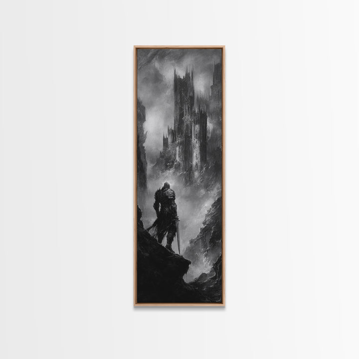 Lone Warrior Before Dark Gothic Castle Wall Art, Black And White Fantasy Landscape Print, Medieval Dungeon Decor For Office