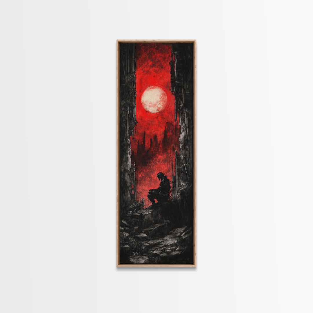 Solitary Figure Under Blood Moon Wall Art, Red Gothic Fantasy Canvas Print, Dark Academia Poster For Bedroom Decor Gift