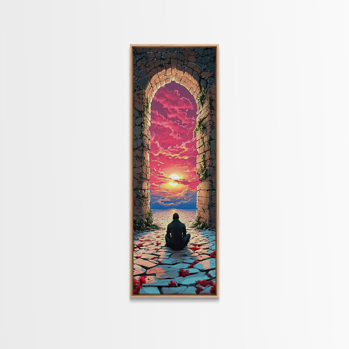 Seated Wanderer In Stone Arch Sunset Wall Art, Vibrant Fantasy Portal Canvas Print, Meditation Room Home Decor Gift For Her