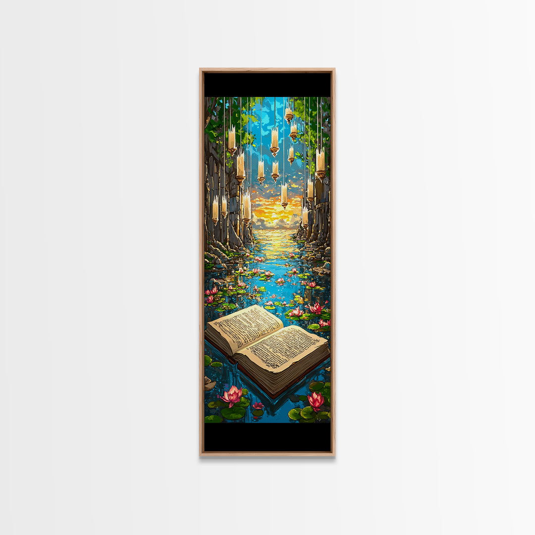 Open Book In Enchanted Lily Pond Wall Art, Magical Library Fantasy Canvas Print, Whimsical Reading Nook Decor Gift For Book Lover