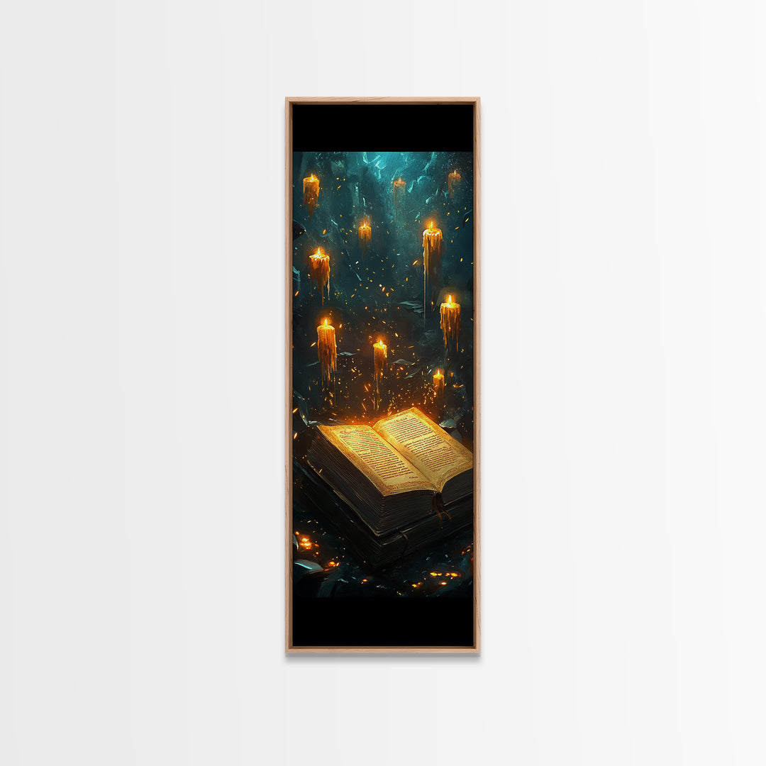 Glowing Grimoire With Floating Candles Wall Art, Dark Fantasy Library Canvas Print, Gothic Academia Home Decor Gift For Her