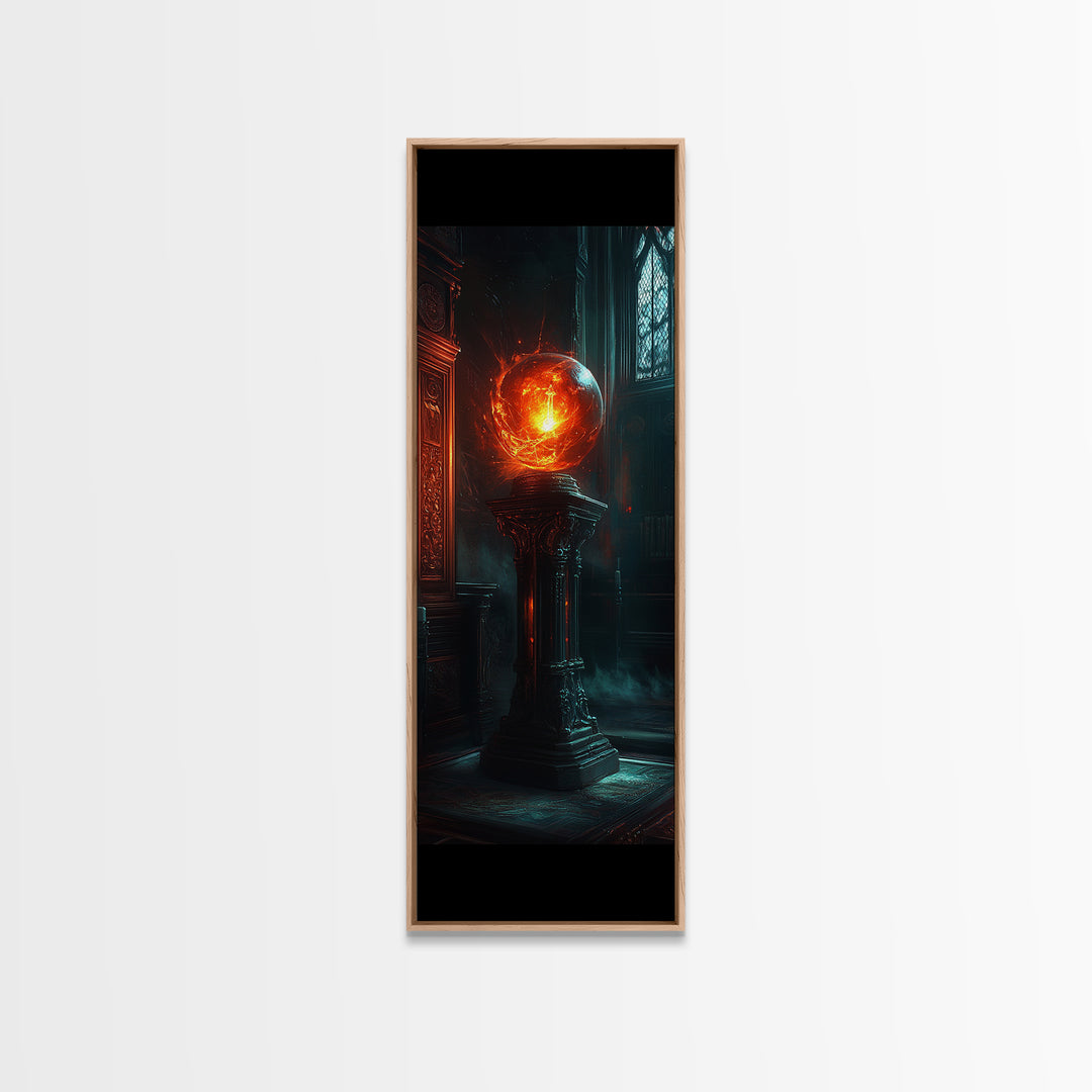 Fiery Crystal Orb In Gothic Library Wall Art, Dark Academia Fantasy Canvas Print, Mystical Office Decor Gift For Him Art