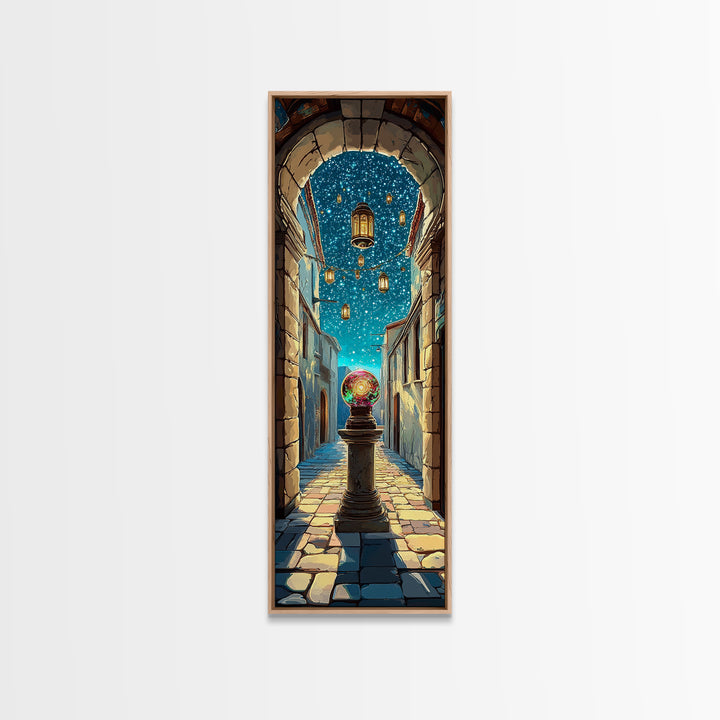 Magic Orb Beneath Starry Alley Wall Art, Whimsical Fantasy Canvas Print, Mediterranean Night Unique Home Decor Gift For Her