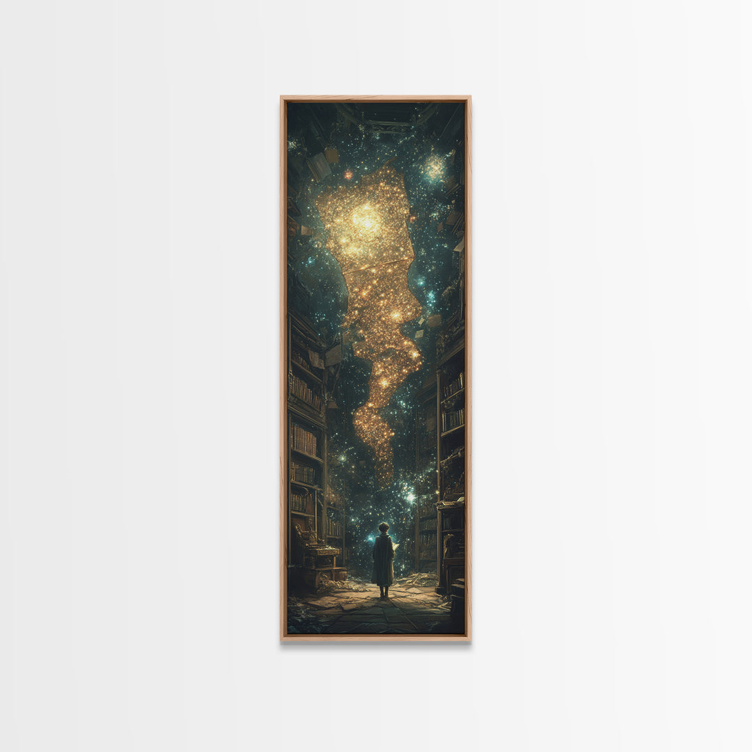Child Beneath Cosmic Book Tower Wall Art, Dark Academia Library Decor, Celestial Fantasy Art Print, Magical Reading Gift
