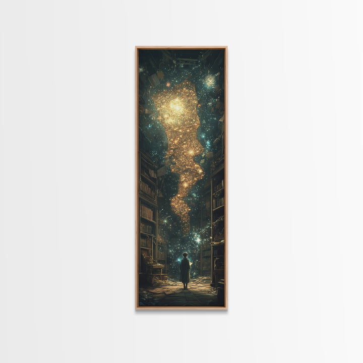 Child Beneath Cosmic Book Tower Wall Art, Dark Academia Library Decor, Celestial Fantasy Art Print, Magical Reading Gift