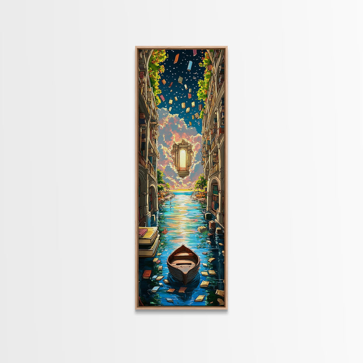 Lantern Canal Between Book Shelves Canvas Print, Fantasy Library Wall Art, Coastal Book Lover Decor, Magical Housewarming Gift
