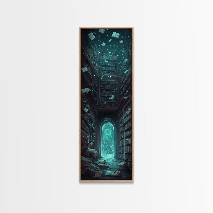 Glowing Portal In Dark Library Framed Canvas Print, Gothic Wall Art, Dark Academia Decor, Fantasy Book Lover Gift, Reading Nook Decor