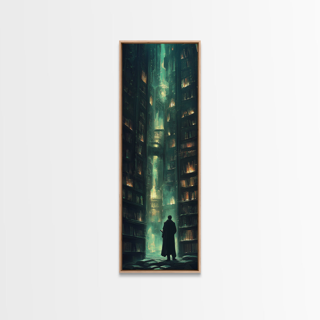 Lone Figure In Emerald Library Canyon Canvas Print, Dark Academia Wall Art, Moody Fantasy Decor, Gothic Office Wall Decor