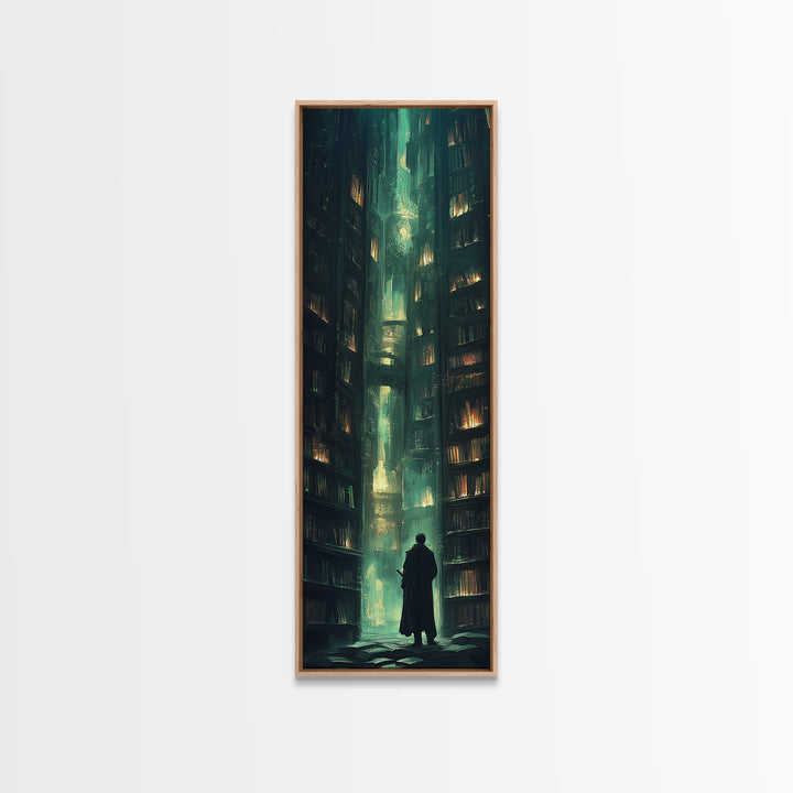 Lone Figure In Emerald Library Canyon Canvas Print, Dark Academia Wall Art, Moody Fantasy Decor, Gothic Office Wall Decor