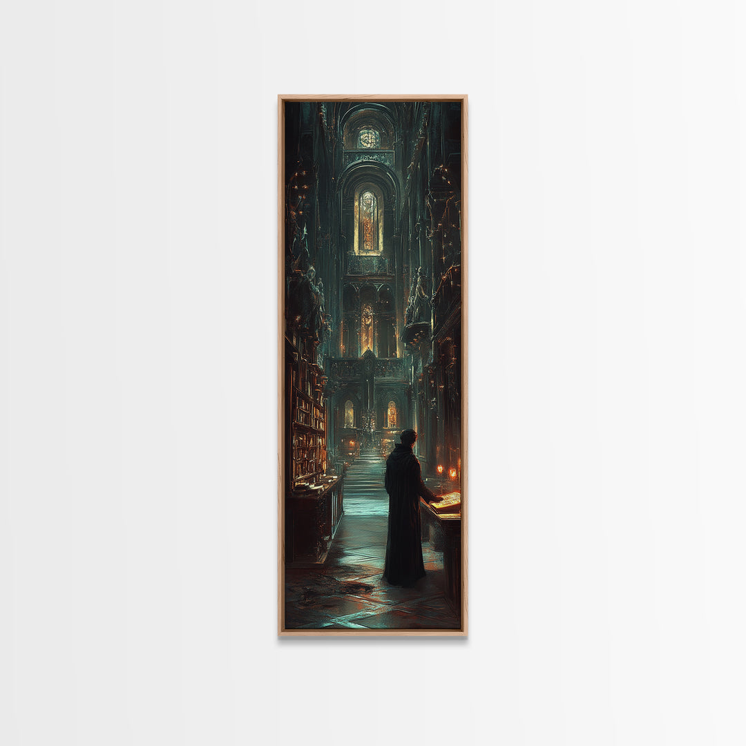 Robed Scholar In Gothic Cathedral Library Wall Art, Dark Academia Decor, Moody Fantasy Print, Candlelit Office Wall Decor